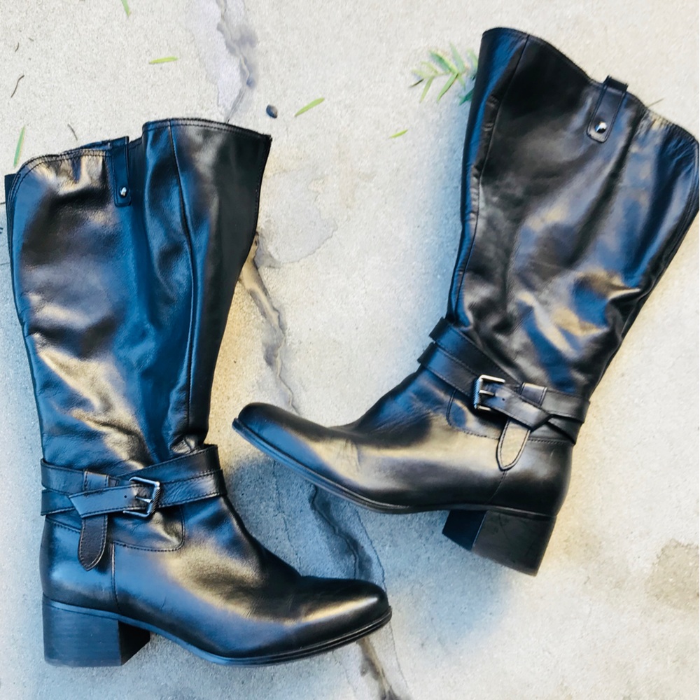 Naturalizer Knee High Black Leather Boots, Size 10, Wide Calf
